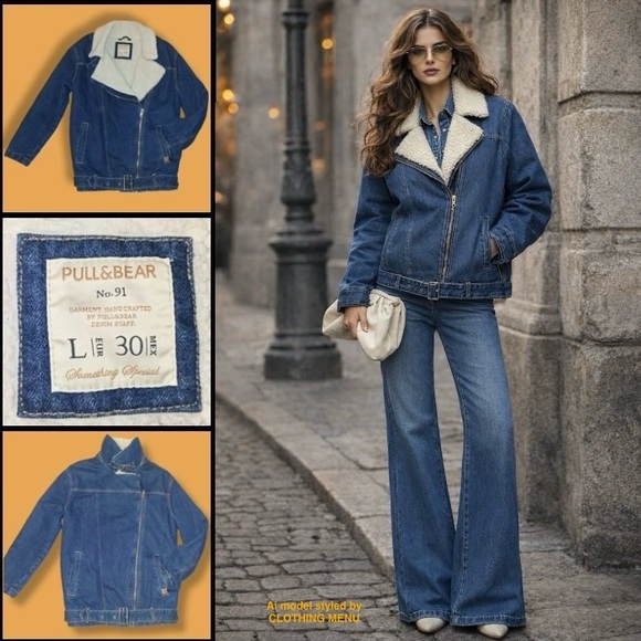 Pull&Bear Jackets & Blazers - PULL&BEAR Denim Moto Sherpa Jacket Womens Size Large